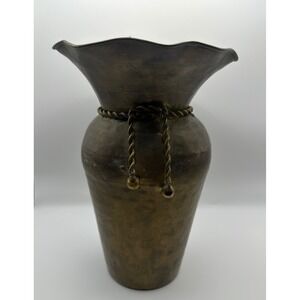 Vintage Hammered Brass Vase Ruffled Scalloped Rim Twisted Rope Detail 9‎ Inch